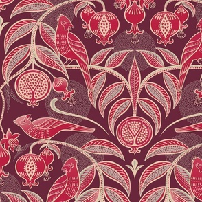 Pomegranates and Cardinals- Fruit and Birds- Viva Magenta- Burgundy Wine Background- Festive Holidays Red and Gold- Luxurious Christmas- Large