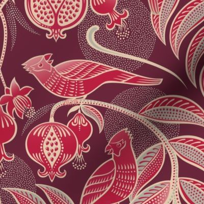 Pomegranates and Cardinals- Fruit and Birds- Viva Magenta- Burgundy Wine Background- Festive Holidays Red and Gold- Luxurious Christmas- Medium