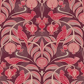 Pomegranates and Cardinals- Fruit and Birds- Viva Magenta- Burgundy Wine Background- Festive Holidays Red and Gold- Luxurious Christmas- Medium