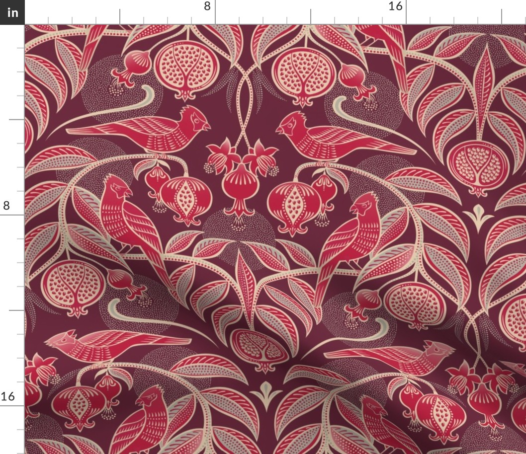 Pomegranates and Cardinals- Fruit and Birds- Viva Magenta- Burgundy Wine Background- Festive Holidays Red and Gold- Luxurious Christmas- Medium