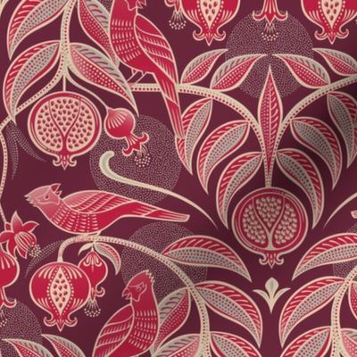 Pomegranates and Cardinals- Fruit and Birds- Viva Magenta- Burgundy Wine Background- Festive Holidays Red and Gold- Luxurious Christmas- Small