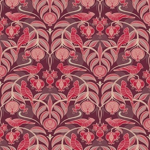 Pomegranates and Cardinals- Fruit and Birds- Viva Magenta- Burgundy Wine Background- Festive Holidays Red and Gold- Luxurious Christmas- Small