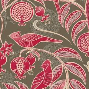 Pomegranates and Cardinals- Fruit and Birds- Viva Magenta- Bark Brown Background- Festive Holidays Red and Gold- Luxurious Christmas- eJumbo