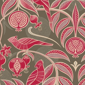 Pomegranates and Cardinals- Fruit and Birds- Viva Magenta- Bark Brown Background- Festive Holidays Red and Gold- Luxurious Christmas- Extra Large