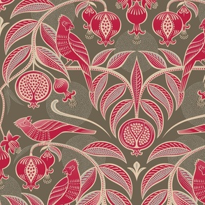 Pomegranates and Cardinals- Fruit and Birds- Viva Magenta- Bark Brown Background- Festive Holidays Red and Gold- Luxurious Christmas- Large