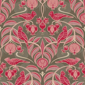 Pomegranates and Cardinals- Fruit and Birds- Viva Magenta- Bark Brown Background- Festive Holidays Red and Gold- Luxurious Christmas- Medium