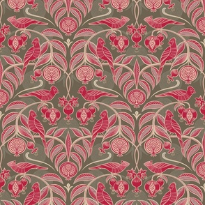 Pomegranates and Cardinals- Fruit and Birds- Viva Magenta- Bark Brown Background- Festive Holidays Red and Gold- Luxurious Christmas- Small