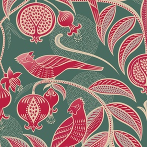 Pomegranates and Cardinals- Fruit and Birds- Viva Magenta- Pine Green Background- Festive Holidays Red and Gold- Luxurious Christmas- eJumbo