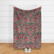 Pomegranates and Cardinals- Fruit and Birds- Viva Magenta- Pine Green Background- Festive Holidays Red and Gold- Luxurious Christmas- Extra Large
