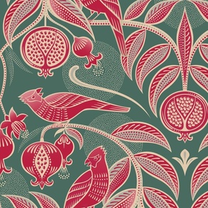 Pomegranates and Cardinals- Fruit and Birds- Viva Magenta- Pine Green Background- Festive Holidays Red and Gold- Luxurious Christmas- Extra Large