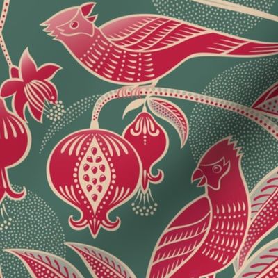 Pomegranates and Cardinals- Fruit and Birds- Viva Magenta- Pine Green Background- Festive Holidays Red and Gold- Luxurious Christmas- Large