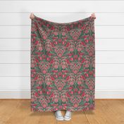 Pomegranates and Cardinals- Fruit and Birds- Viva Magenta- Pine Green Background- Festive Holidays Red and Gold- Luxurious Christmas- Large