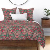 Pomegranates and Cardinals- Fruit and Birds- Viva Magenta- Pine Green Background- Festive Holidays Red and Gold- Luxurious Christmas- Large