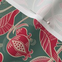 Pomegranates and Cardinals- Fruit and Birds- Viva Magenta- Pine Green Background- Festive Holidays Red and Gold- Luxurious Christmas- Small