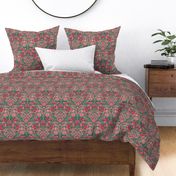 Pomegranates and Cardinals- Fruit and Birds- Viva Magenta- Pine Green Background- Festive Holidays Red and Gold- Luxurious Christmas- Small