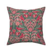 Pomegranates and Cardinals- Fruit and Birds- Viva Magenta- Pine Green Background- Festive Holidays Red and Gold- Luxurious Christmas- Small