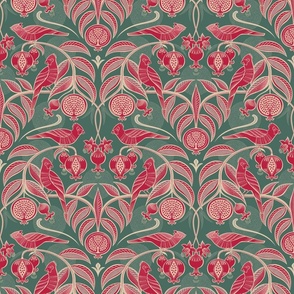 Pomegranates and Cardinals- Fruit and Birds- Viva Magenta- Pine Green Background- Festive Holidays Red and Gold- Luxurious Christmas- Small