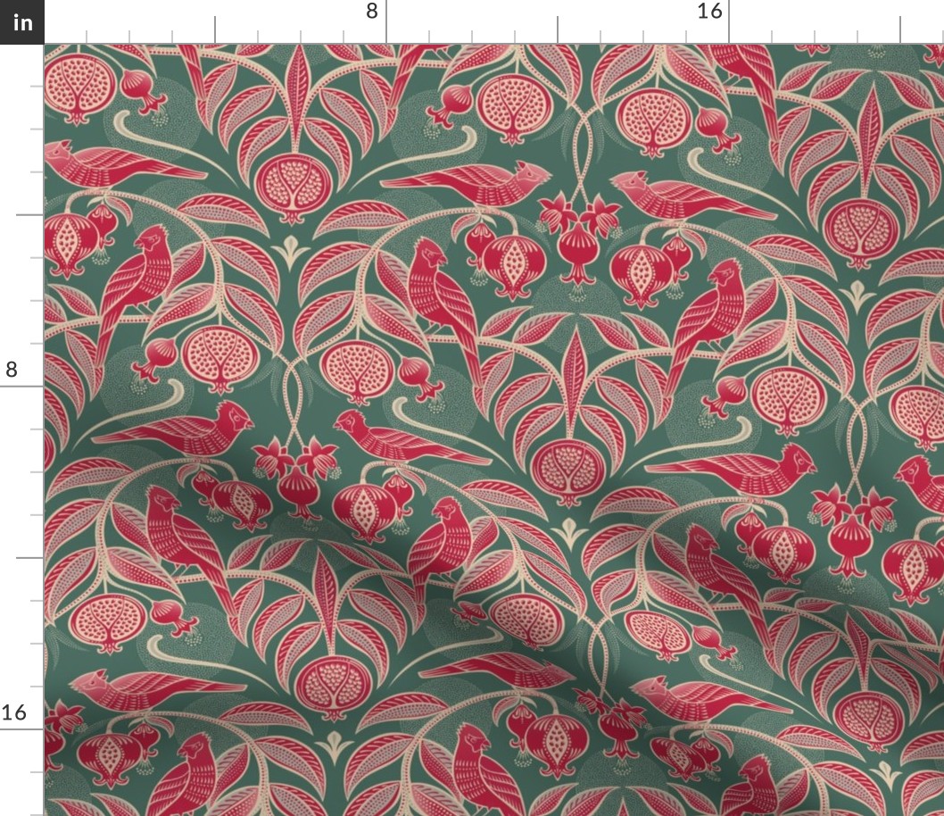 Pomegranates and Cardinals- Fruit and Birds- Viva Magenta- Pine Green Background- Festive Holidays Red and Gold- Luxurious Christmas- Small