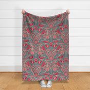 Pomegranates and Cardinals- Fruit and Birds- Viva Magenta- Blue- Gray- Grey- Slate Background- Festive Holidays Red and Gold- Luxurious Christmas- Extra Large