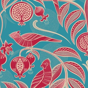 Pomegranates and Cardinals- Fruit and Birds- Viva Magenta- Bright Turquoise Blue- Lagoon Background- Festive Holidays Red and Gold- Luxurious Christmas- eJumbo