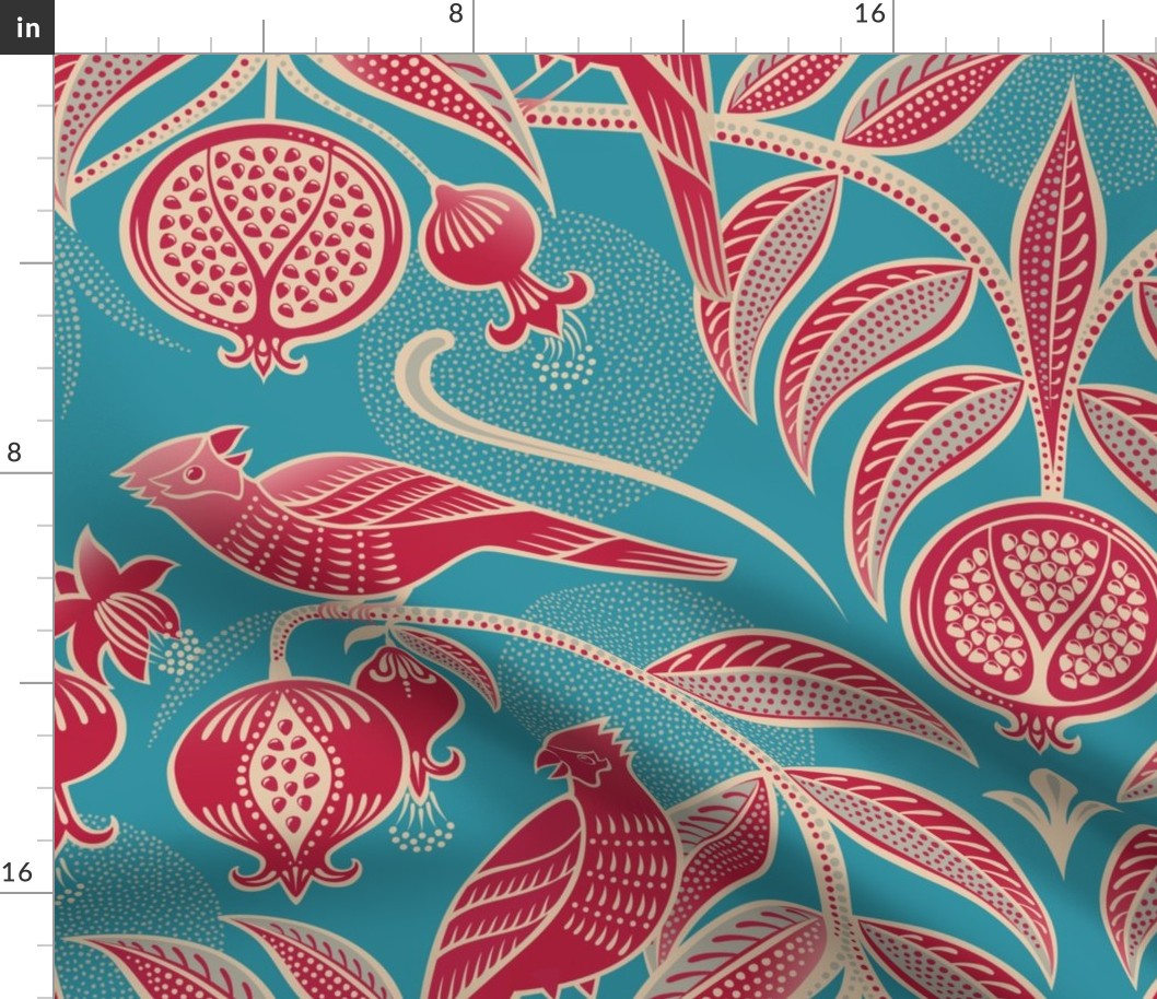Pomegranates and Cardinals- Fruit and Birds- Viva Magenta- Bright Turquoise Blue- Lagoon Background- Festive Holidays Red and Gold- Luxurious Christmas- eJumbo