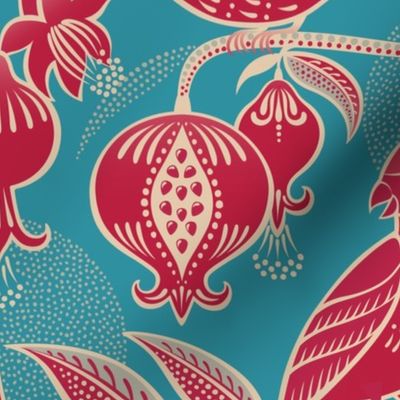 Pomegranates and Cardinals- Fruit and Birds- Viva Magenta- Bright Turquoise Blue- Lagoon Background- Festive Holidays Red and Gold- Luxurious Christmas- Extra Large