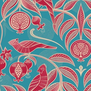Pomegranates and Cardinals- Fruit and Birds- Viva Magenta- Bright Turquoise Blue- Lagoon Background- Festive Holidays Red and Gold- Luxurious Christmas- Extra Large