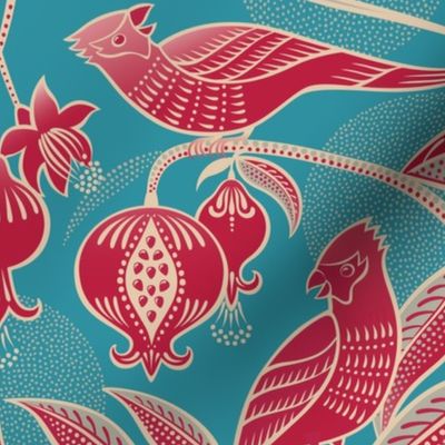 Pomegranates and Cardinals- Fruit and Birds- Viva Magenta- Bright Turquoise Blue- Lagoon Background- Festive Holidays Red and Gold- Luxurious Christmas- Large