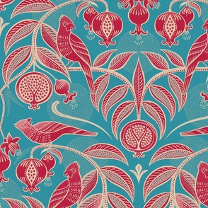 Pomegranates and Cardinals- Fruit and Birds- Viva Magenta- Bright Turquoise Blue- Lagoon Background- Festive Holidays Red and Gold- Luxurious Christmas- Large