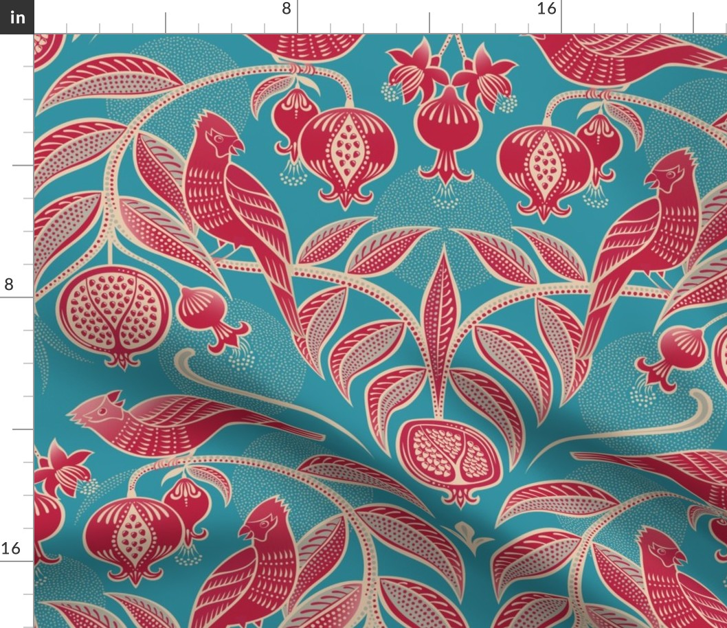 Pomegranates and Cardinals- Fruit and Birds- Viva Magenta- Bright Turquoise Blue- Lagoon Background- Festive Holidays Red and Gold- Luxurious Christmas- Large