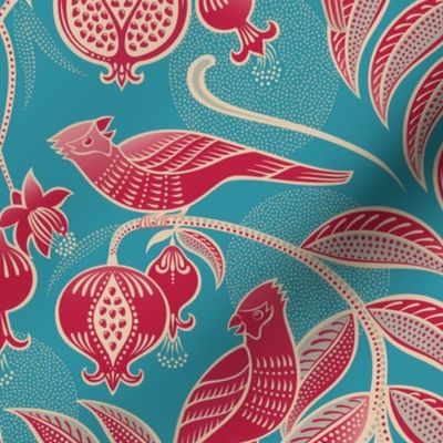 Pomegranates and Cardinals- Fruit and Birds- Viva Magenta- Bright Turquoise Blue- Lagoon Background- Festive Holidays Red and Gold- Luxurious Christmas- Medium