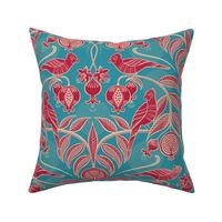Pomegranates and Cardinals- Fruit and Birds- Viva Magenta- Bright Turquoise Blue- Lagoon Background- Festive Holidays Red and Gold- Luxurious Christmas- Medium