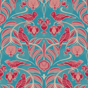 Pomegranates and Cardinals- Fruit and Birds- Viva Magenta- Bright Turquoise Blue- Lagoon Background- Festive Holidays Red and Gold- Luxurious Christmas- Medium