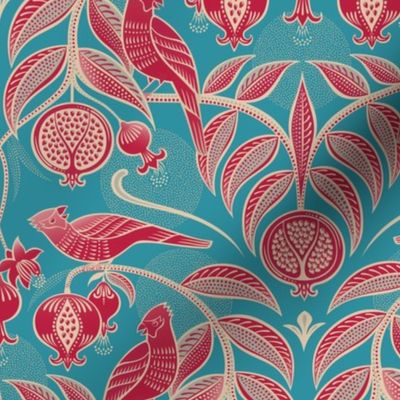 Pomegranates and Cardinals- Fruit and Birds- Viva Magenta- Bright Turquoise Blue- Lagoon Background- Festive Holidays Red and Gold- Luxurious Christmas- Small