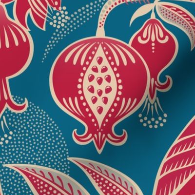 Pomegranates and Cardinals- Fruit and Birds- Viva Magenta- Dark Turquoise Blue- Peacock Background- Festive Holidays Red and Gold- Luxurious Christmas- eJumbo