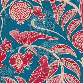 Pomegranates and Cardinals- Fruit and Birds- Viva Magenta- Dark Turquoise Blue- Peacock Background- Festive Holidays Red and Gold- Luxurious Christmas- eJumbo