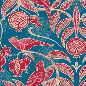 Pomegranates and Cardinals- Fruit and Birds- Viva Magenta- Dark Turquoise Blue- Peacock Background- Festive Holidays Red and Gold- Luxurious Christmas- Extra Large