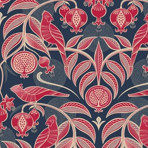 Pomegranates and Cardinals- Fruit and Birds- Viva Magenta- Navy Blue Background- Festive Holidays Red and Gold- Luxurious Christmas- Large