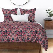 Pomegranates and Cardinals- Fruit and Birds- Viva Magenta- Navy Blue Background- Festive Holidays Red and Gold- Luxurious Christmas- Medium