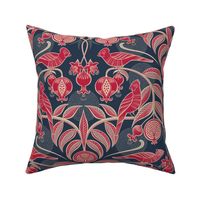 Pomegranates and Cardinals- Fruit and Birds- Viva Magenta- Navy Blue Background- Festive Holidays Red and Gold- Luxurious Christmas- Medium