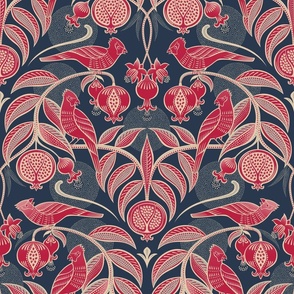 Pomegranates and Cardinals- Fruit and Birds- Viva Magenta- Navy Blue Background- Festive Holidays Red and Gold- Luxurious Christmas- Medium