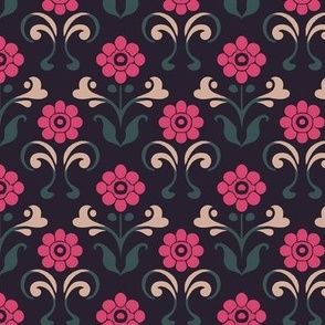 Folk Flowers in Berry, Tan, and Dark Teal on Black