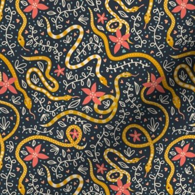Spring Garden Snakes, Mustard and Coral on Midnight