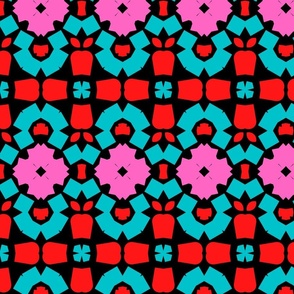 Retro 70s Vibrant Kaleidoscope bright colors art deco modern geometric floral pattern aqua teal hot pink red black   59