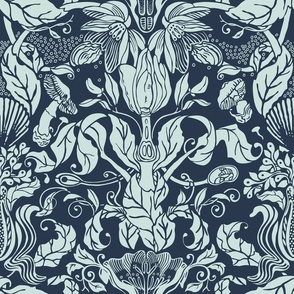 LIFE IS ALL ABOUT REPRODUCTION_blue navy_Large botanical print for upholstery and wallpaper.
