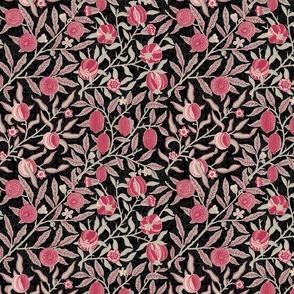 Fruit / Pomegranate -SMALL - historic antiqued damask by William Morris - VIVA MAGENTA PANTONE COLOR 2 adaption  black