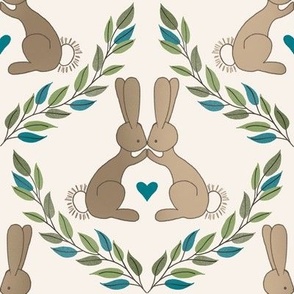 420 - Large scale kissing taupe beige bunny rabbits in cool sage green diamond trellis with leaves foliage and branches.  Forest animals, cute pets, fluffy bunnies with love hearts for valentines, kids apparel, children accessories, nursery decor and craf