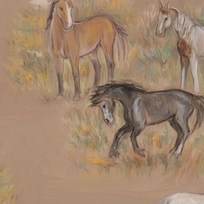 Mustang Horses in Crayon on Brown Paper