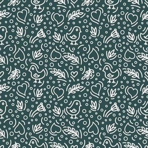 Birds, Hearts, Brunches, Dots and other white elements in Doodle Style on green