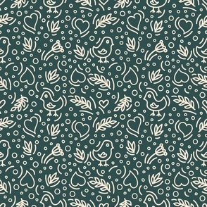Birds, Hearts, Brunches, Dots and other beige elements in Doodle Style on green